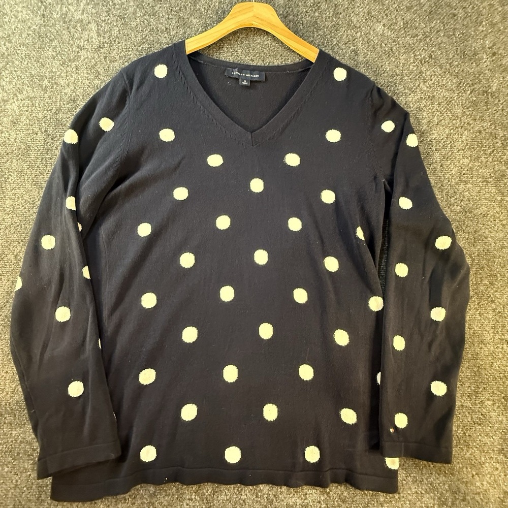 Tommy Hilfiger Navy Blue And White Polka Dot Sweater, 100% Cotton, Size Medium